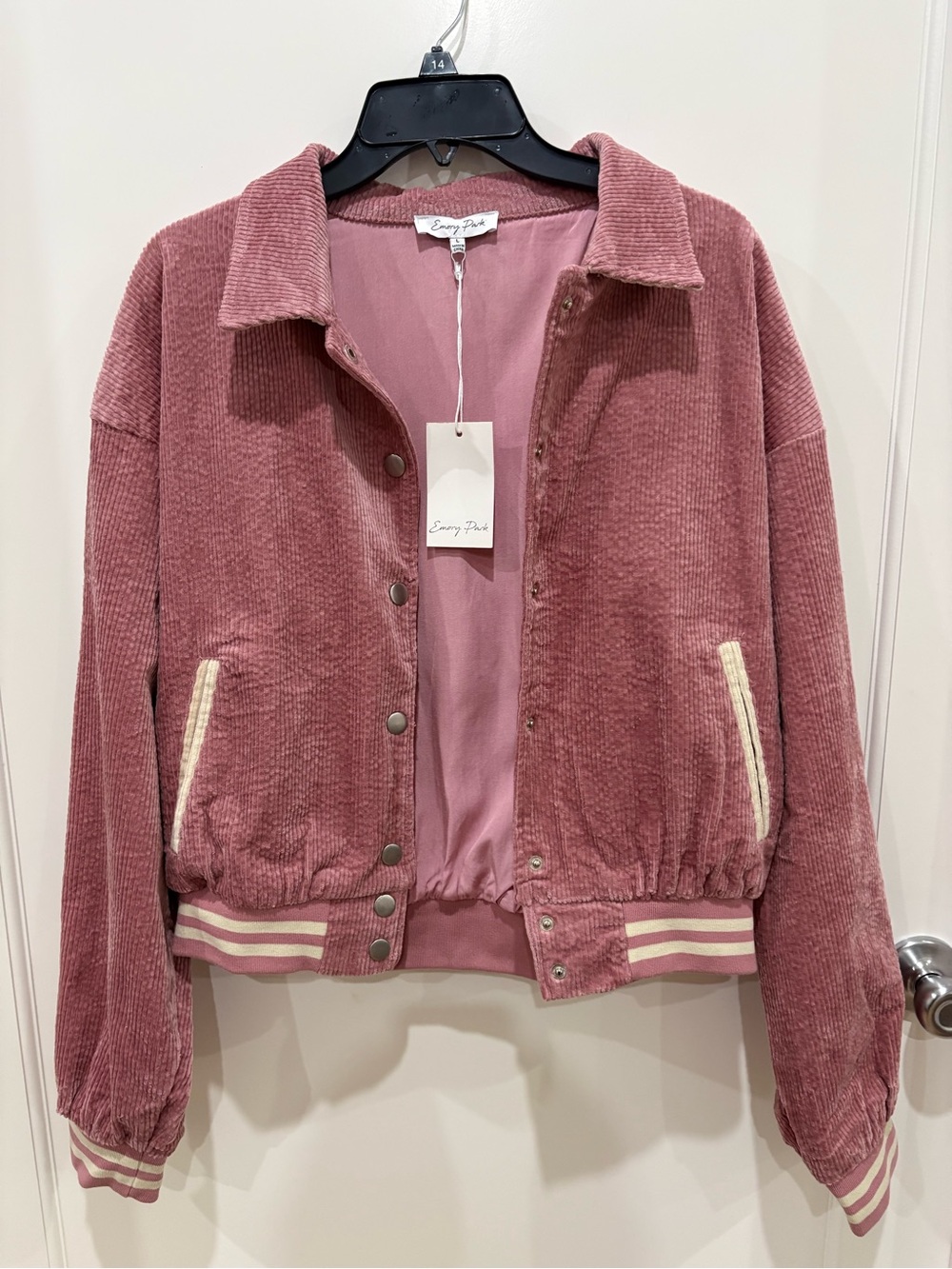 NWT Emory Park Pink Corduroy Snap-Front Varsity Bomber Jacket Size L
